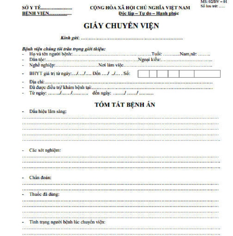 Nội dung cần có trong mẫu giấy chuyển viện