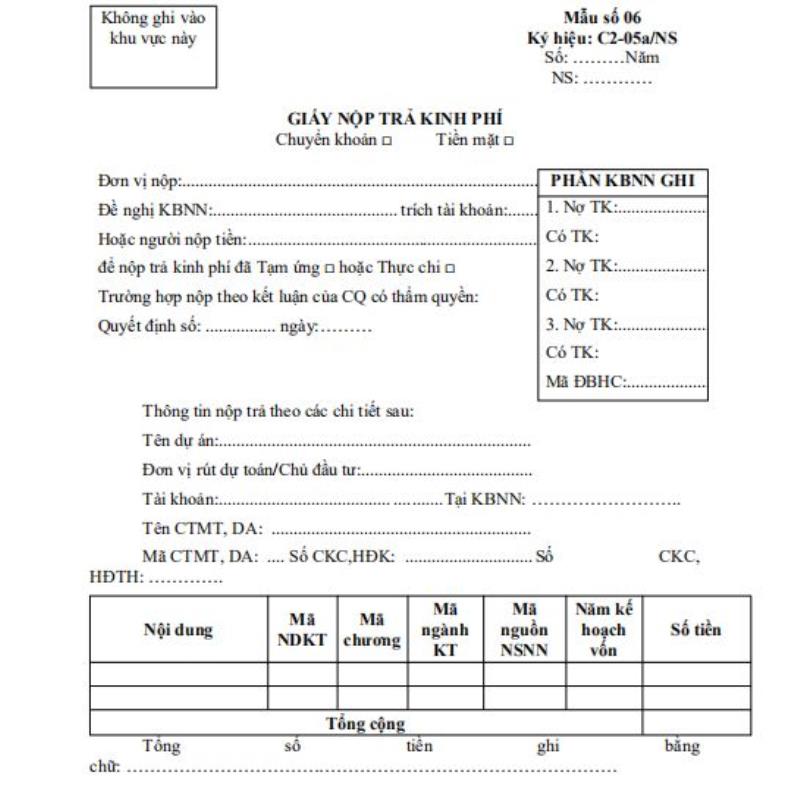 Chi tiết mẫu giấy nộp trả kinh phí