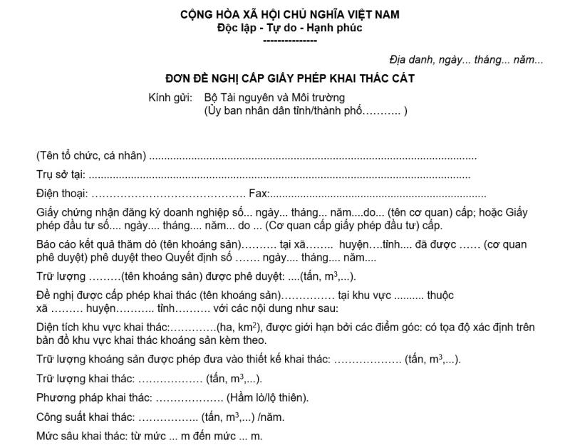 Hướng dẫn cách viết mẫu giấy phép khai thác cát chi tiết
