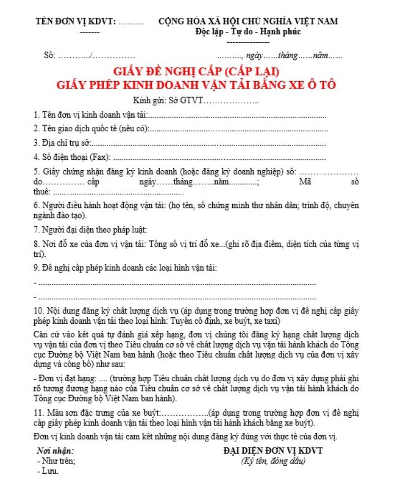 Tìm hiểu về mẫu giấy phép kinh doanh vận tải