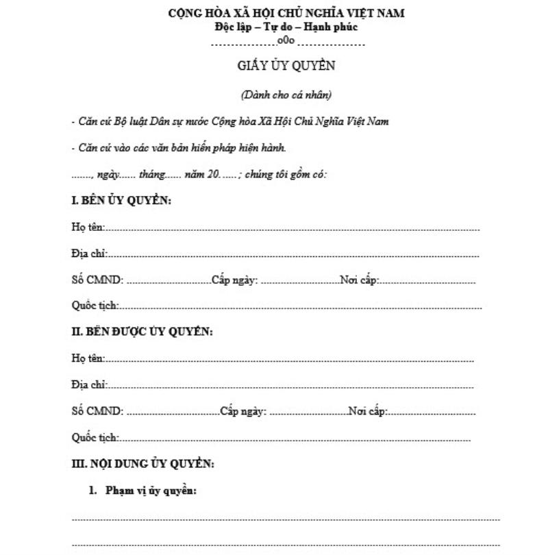 Thông tin chính của giấy ủy quyền cá nhân