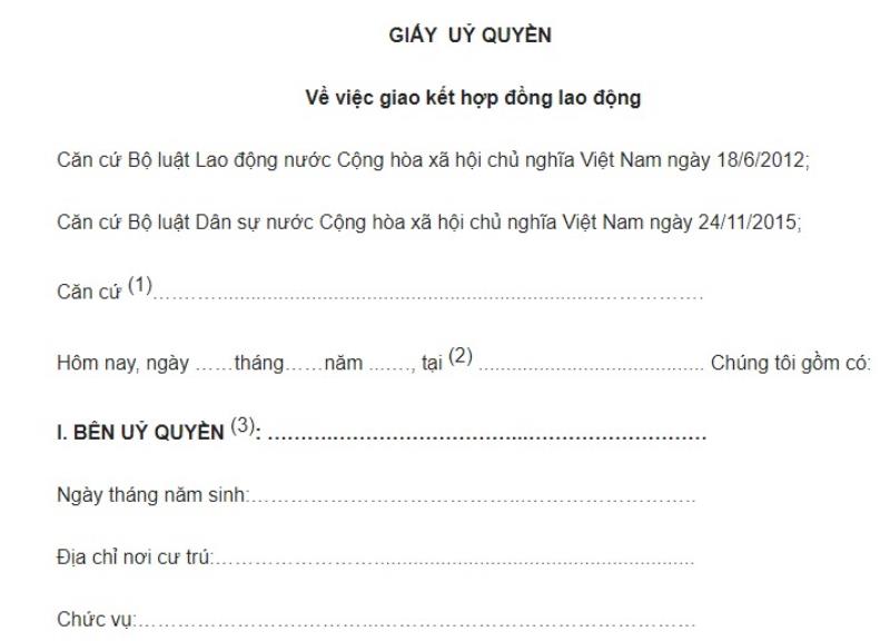 Mẫu giấy ủy quyền cho bên phía người sử dụng lao động