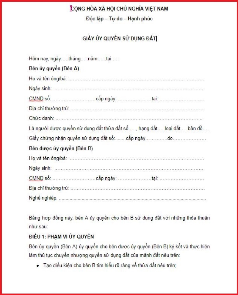 Soạn thảo mẫu giấy ủy quyền sử dụng đất