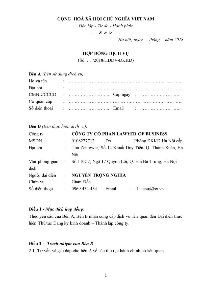 Nội dung trong mẫu hợp đồng dịch vụ