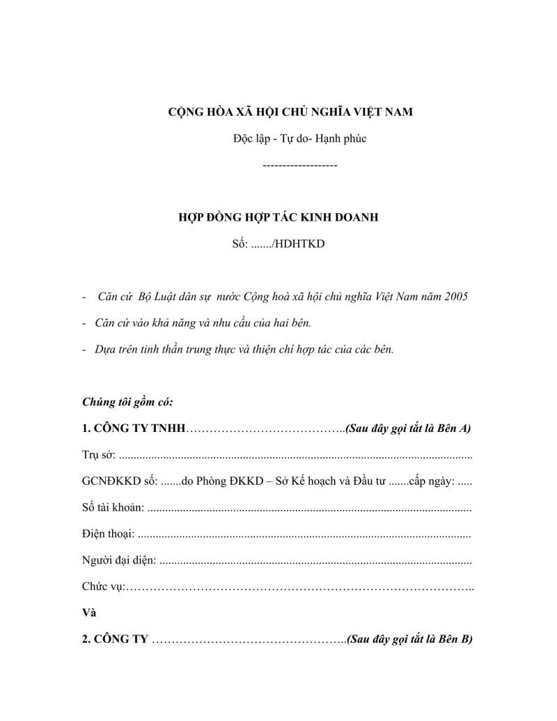 Phần mở đầu mẫu hợp đồng hợp tác kinh doanh