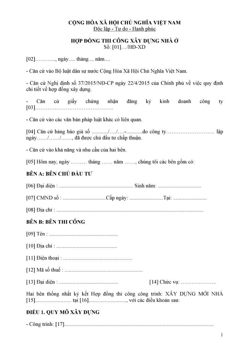 Nội dung mẫu hợp đồng thi công xây dựng