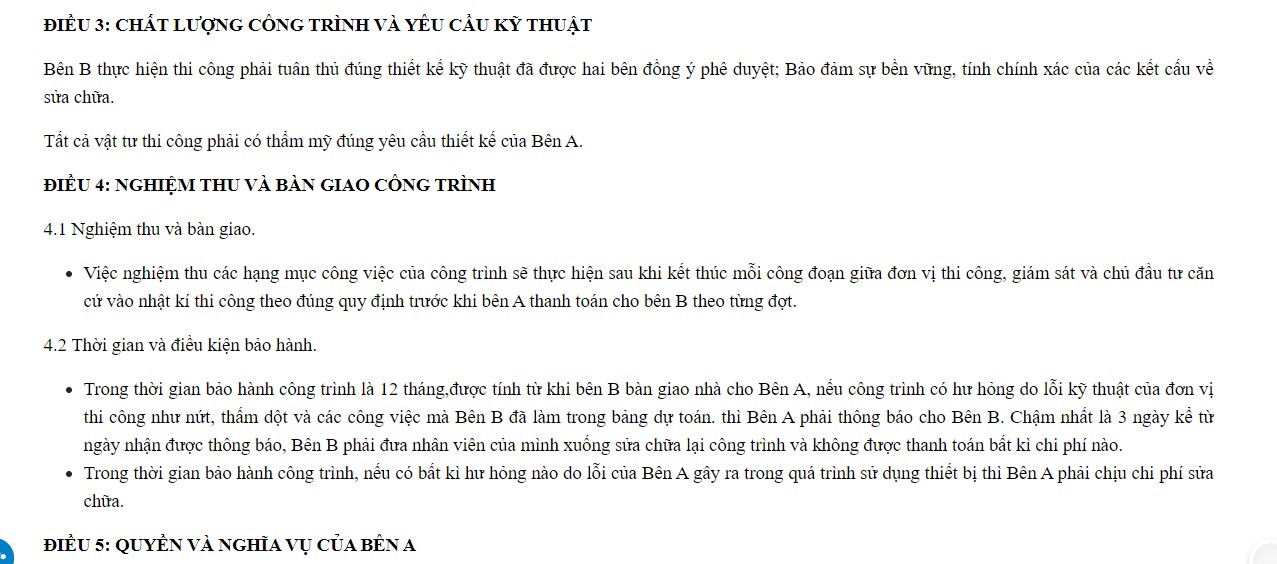 Nội dung công việc đặt khoán cần sửa chữa và nguyên vật liệu tiền vốn ứng trước