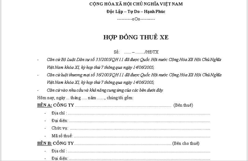 Mẫu hợp đồng thuê xe cho công ty