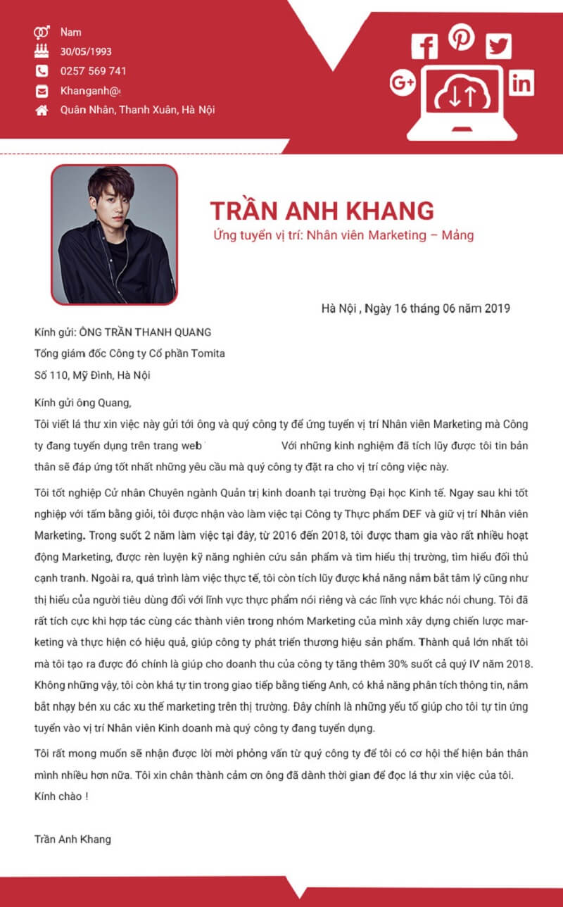 Mẫu Cover letter cho Nhân viên marketing