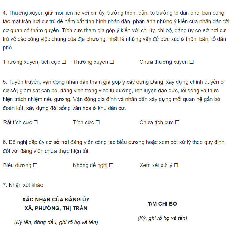 Nội dung cụ thể về nhận xét Đảng viên