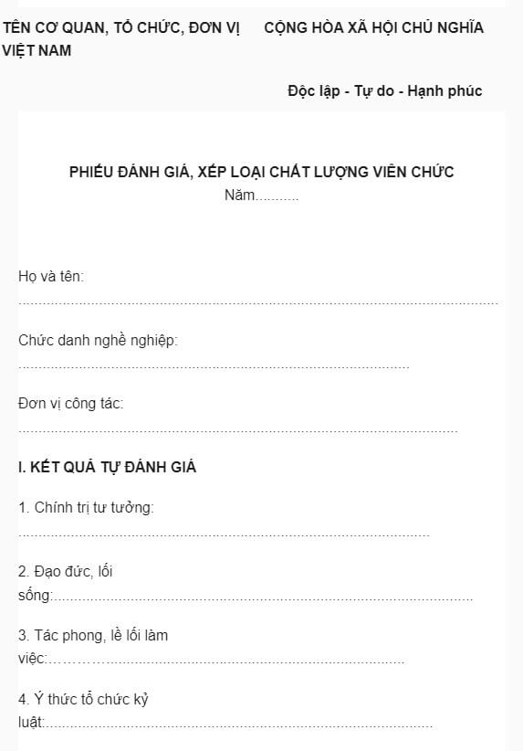 Nội dung mở đầu của phiếu đánh giá