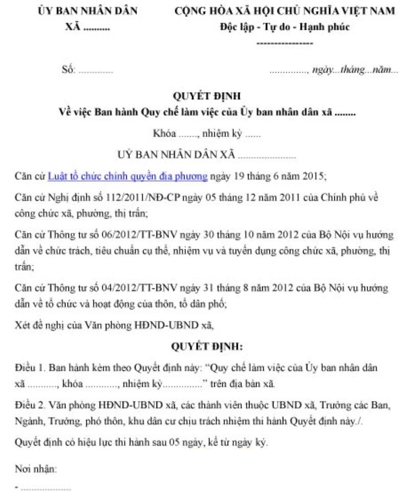 Nội dung của mẫu quyết định ban hành quy chế