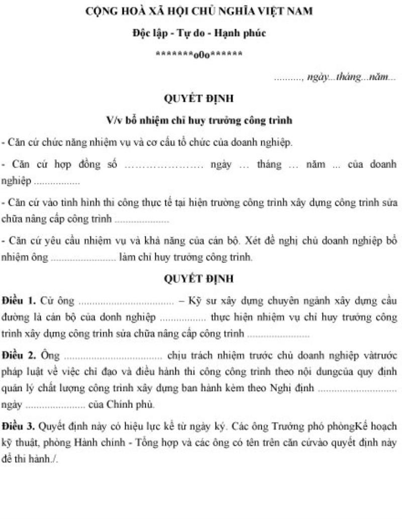Viết mẫu quyết định bổ nhiệm chỉ huy trưởng công trình