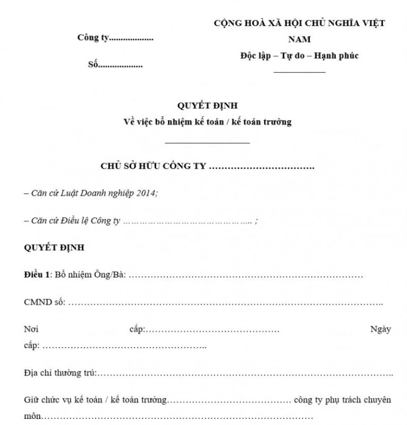 Mẫu quyết định bổ nhiệm chức vụ trong cơ quan Nhà nước