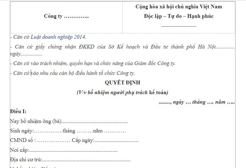 Hình thức của văn bản bổ nhiệm kế toán