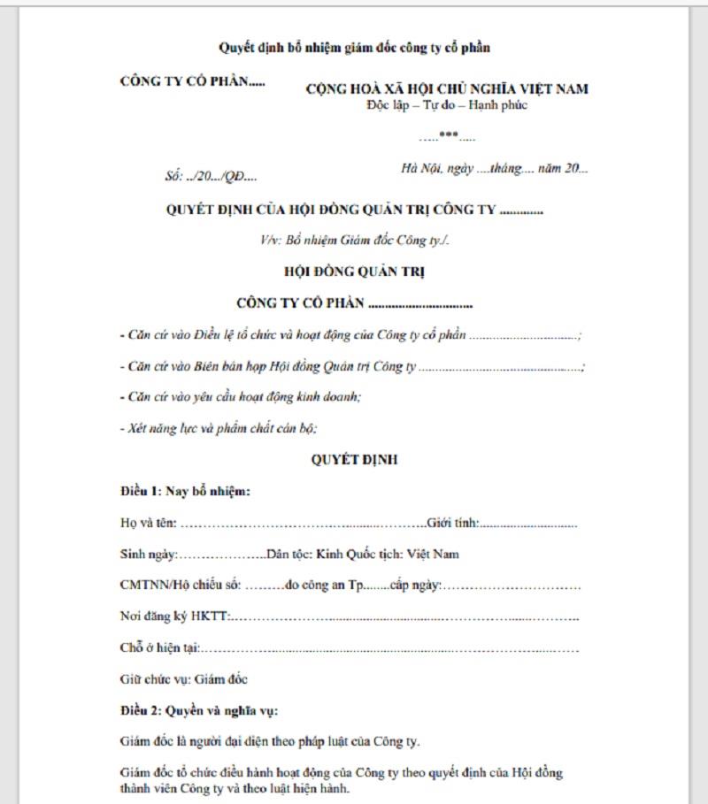 Trình bày mẫu Quyết định bổ nhiệm vị trí giám đốc