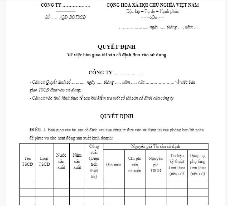 Lập biểu mẫu quyết định đưa tài sản vào sử dụng