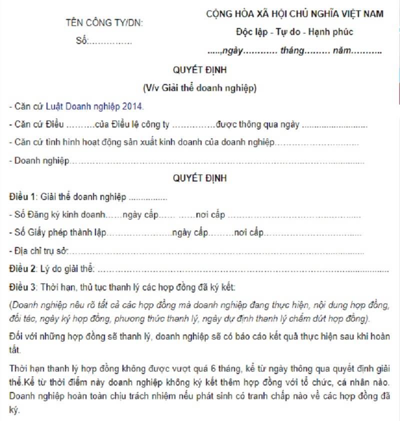 Các mục trong mẫu quyết định giải thể doanh nghiệp