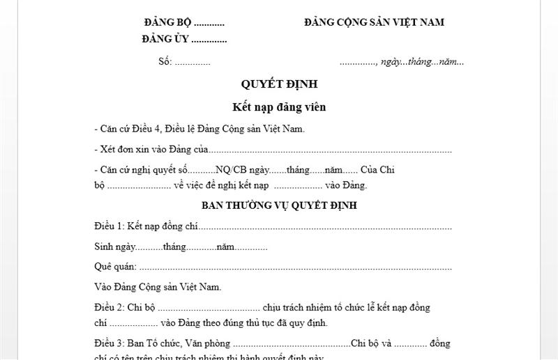 Nội dung mẫu quyết định kết nạp Đảng viên