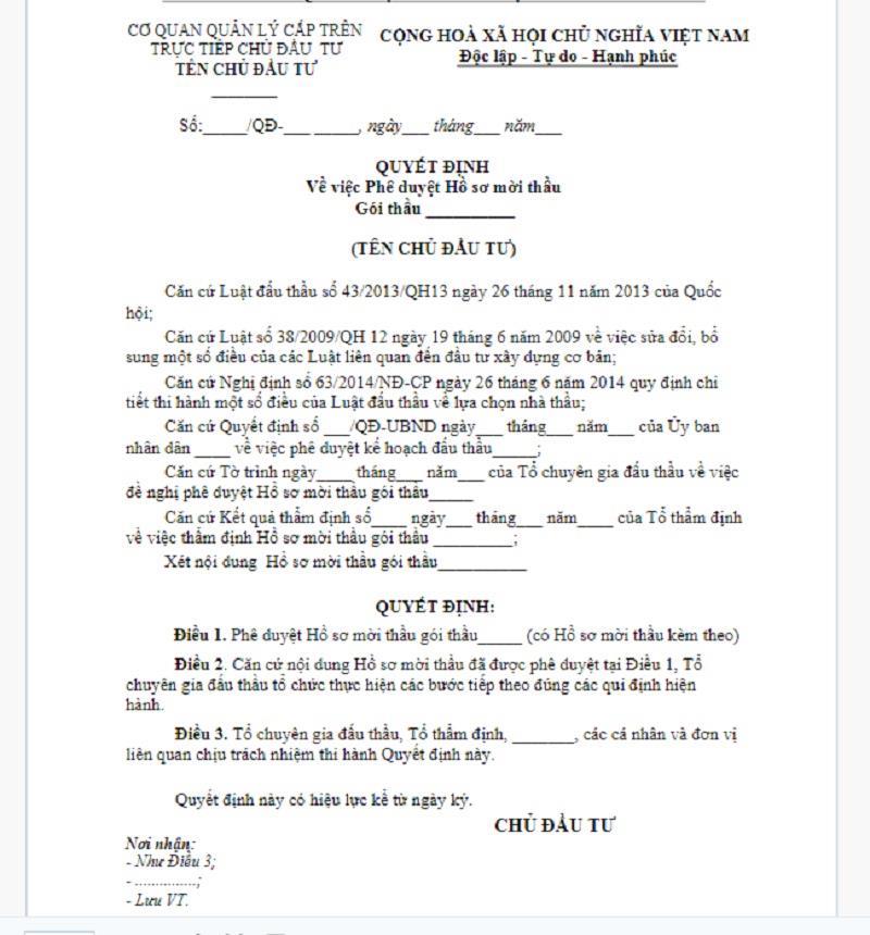Viết phần đầu trong mẫu Quyết định Hồ sơ mời thầu