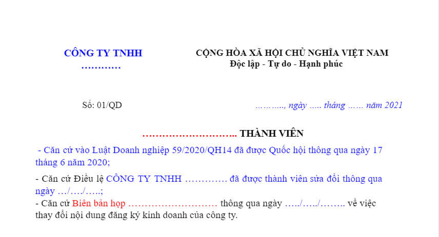 Các thông tin trong phần mở đầu của quyết định đổi địa chỉ công ty