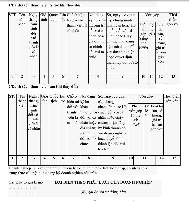 Ý chính về việc thay đổi trong mẫu quyết định thay đổi thành viên góp vốn