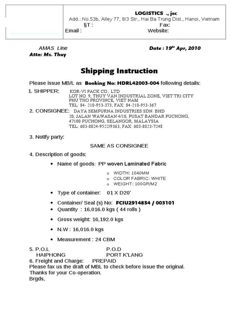 Nội dung trong bảng khai báo SI