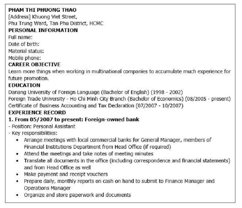 Mẫu sơ yếu lý lịch dịch sang tiếng Anh