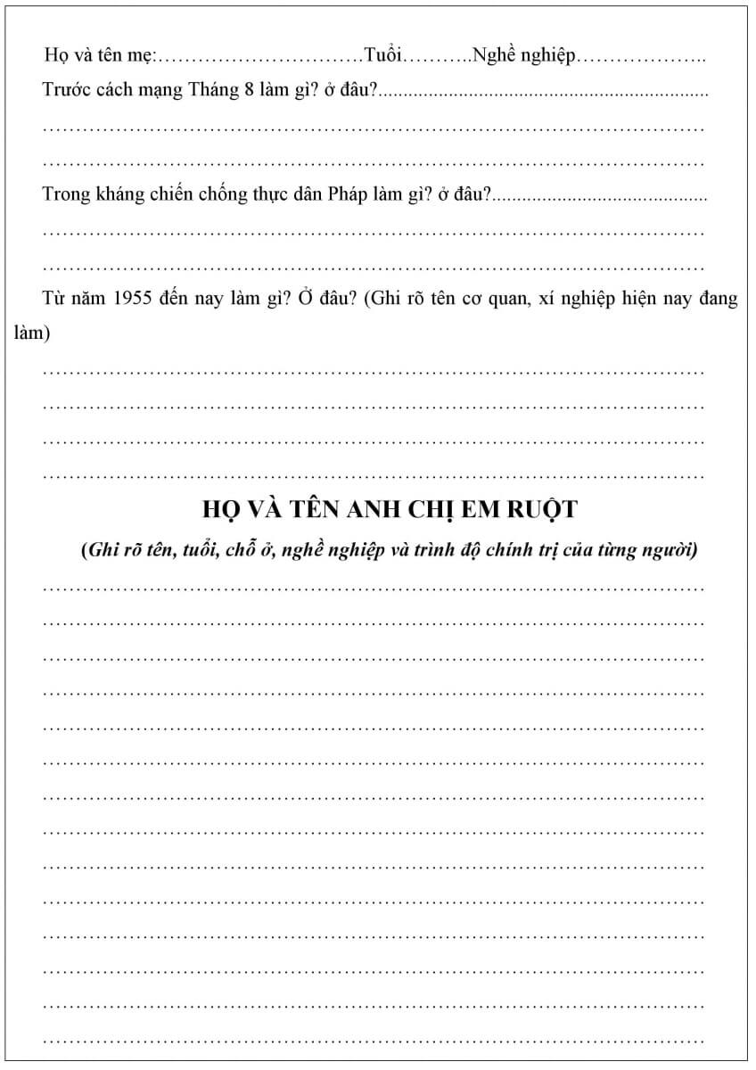 Các thông tin về thành phần gia đình