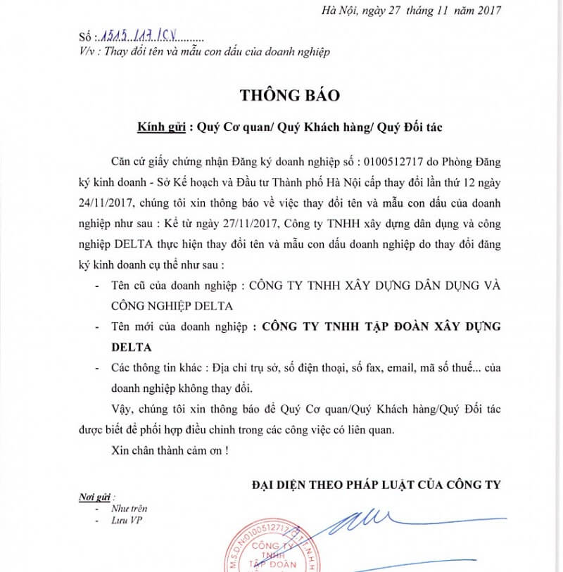 Mẫu công văn thông báo thay đổi tên công ty