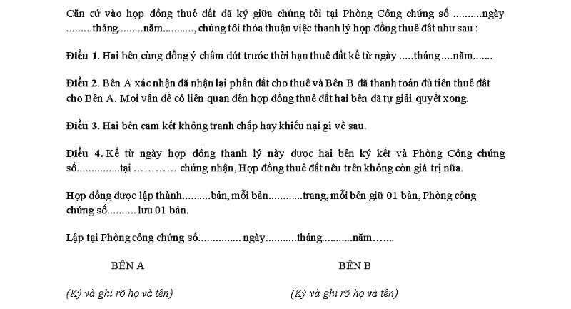 Nội dung biên bản thanh lý hợp đồng thuê đất