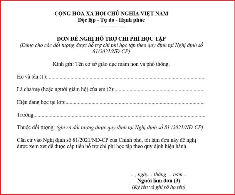 Hướng dẫn viết đơn đề nghị hỗ trợ chi phí học tập chi tiết