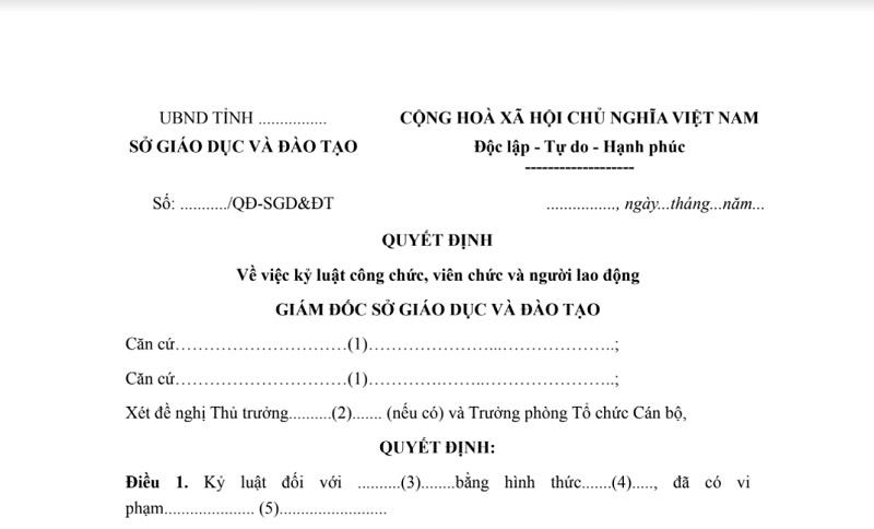 Chi tiết nội dung cần có trong mẫu quyết định kỷ luật