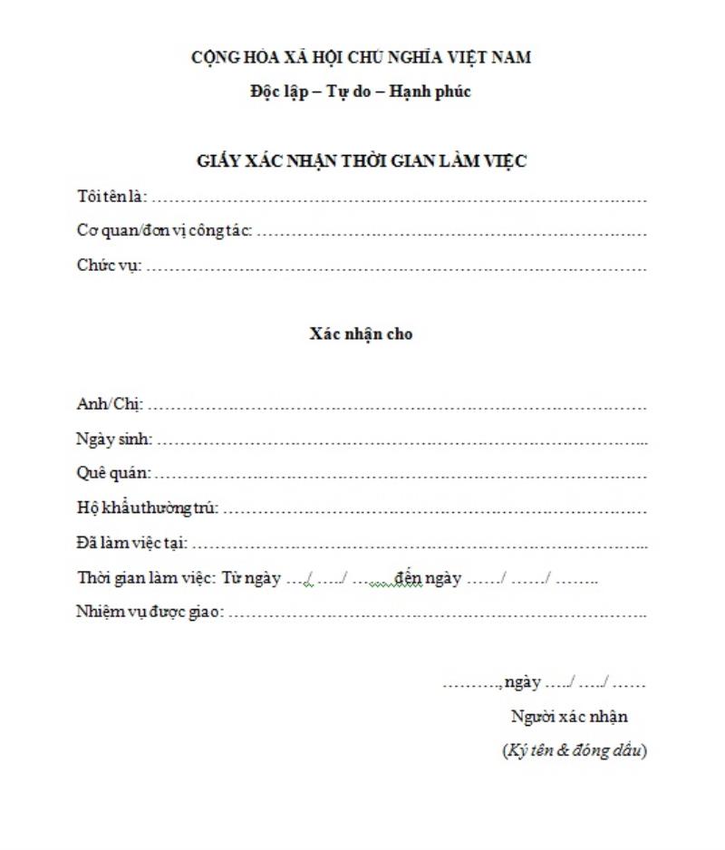 Nội dung phần chính của giấy xác nhận ngày công làm việc