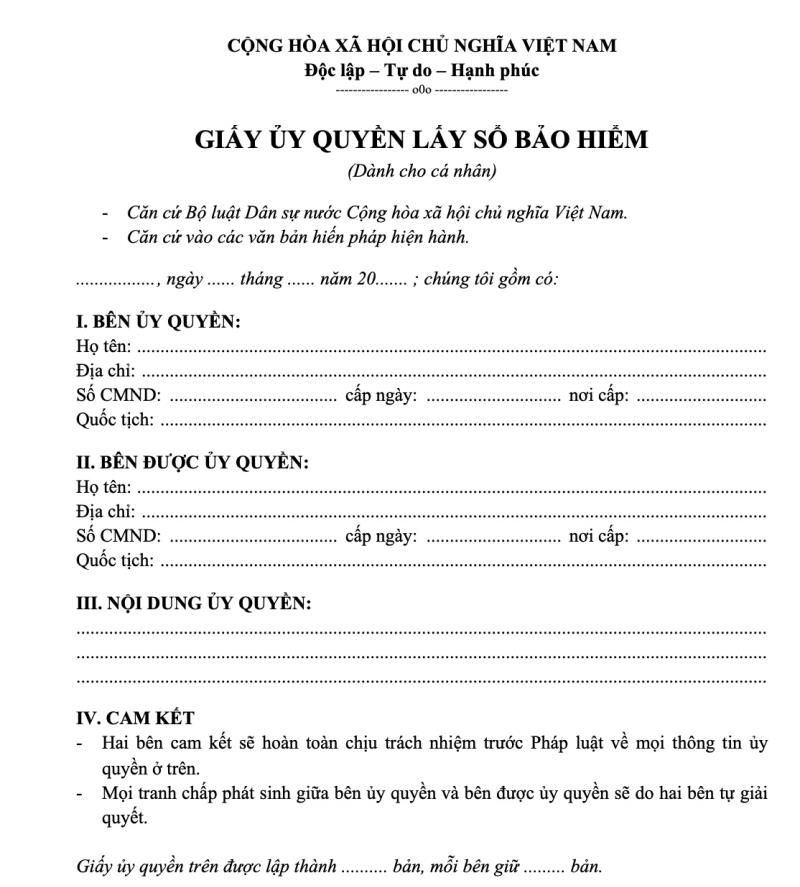 Nội dung mẫu uỷ quyền lấy sổ bảo hiểm