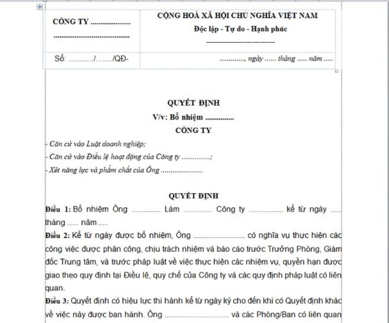 Quyết định bổ nhiệm chức vụ có nội dung chính như thế nào