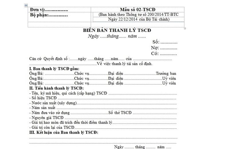 Nội dung chính trong biên bản thanh lý TSCĐ theo Thông tư 133