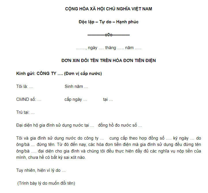 Nội dung phần mở đầu của đơn xin đổi tên hợp đồng điện