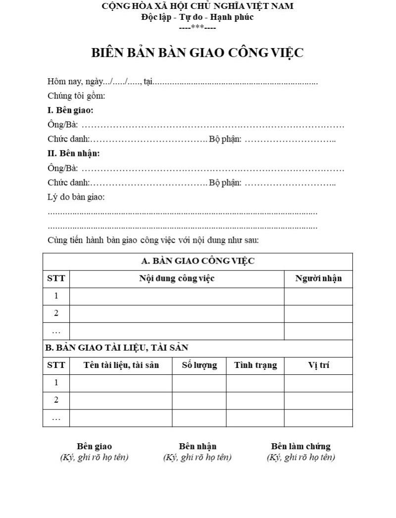 Nội dung mẫu biên bản bàn giao công việc chi tiết