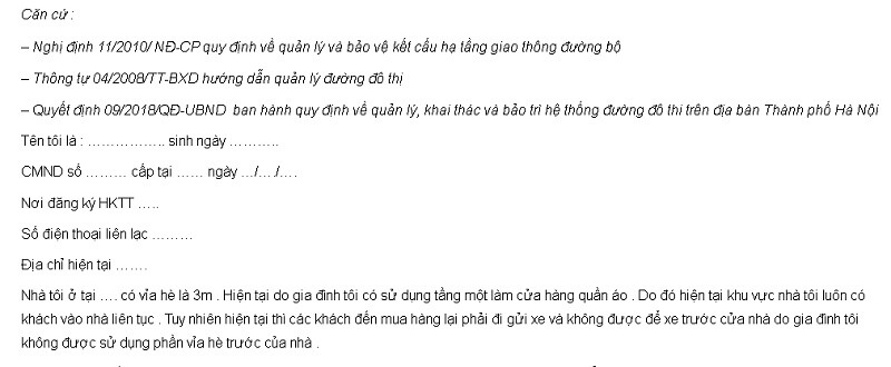 Mẫu đơn xin phép sử dụng vỉa hè vào việc để xe