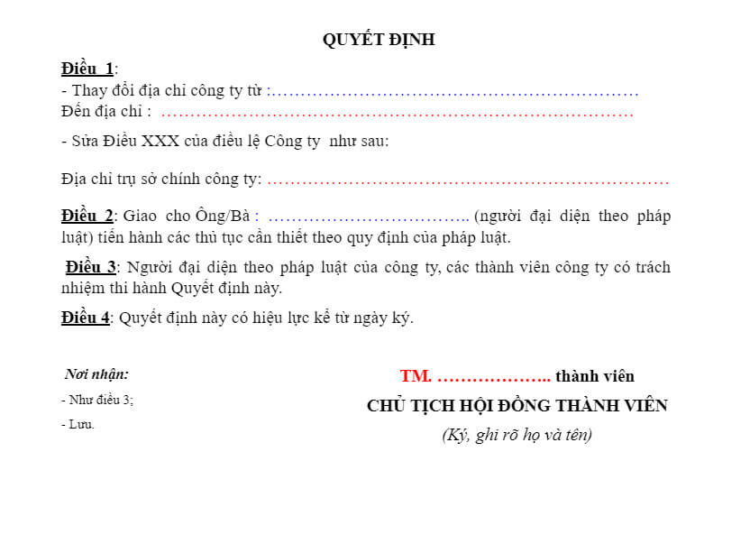 Những nội dung chính trong quyết định thay đổi địa chỉ công ty