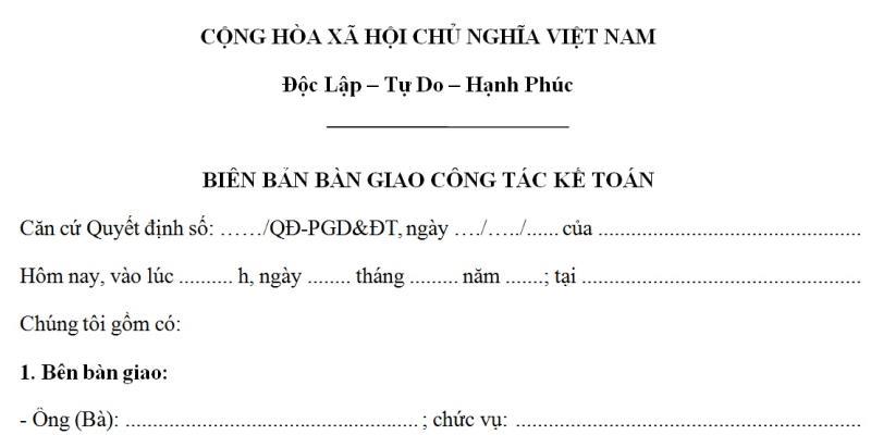 Phần mở đầu mẫu biên bản bàn giao công việc Kế toán trưởng