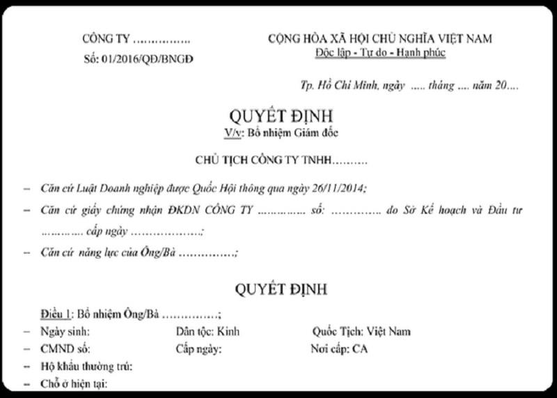 Mẫu quyết định bổ nhiệm chức vụ trong loại hình công ty TNHH