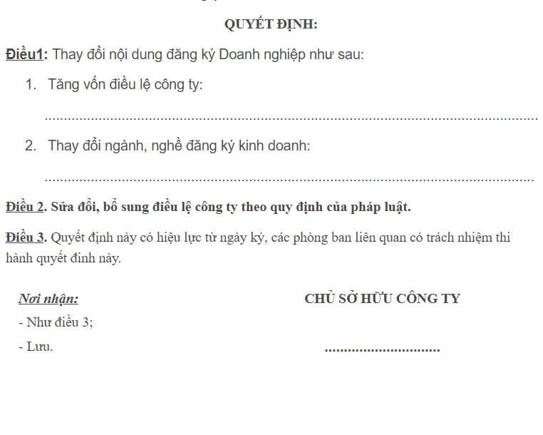 Các thông tin trong phần nội dung chính của mẫu quyết định