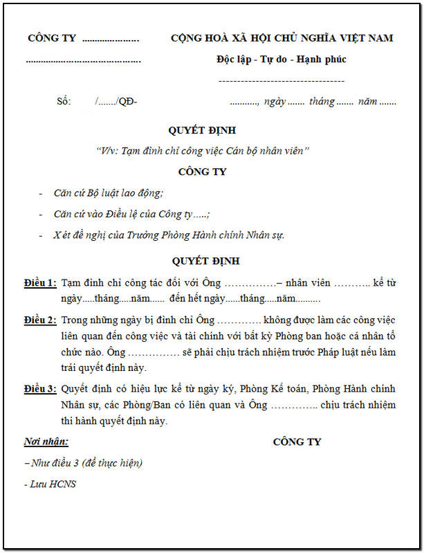Chi tiết quyết định tạm đình chỉ công việc