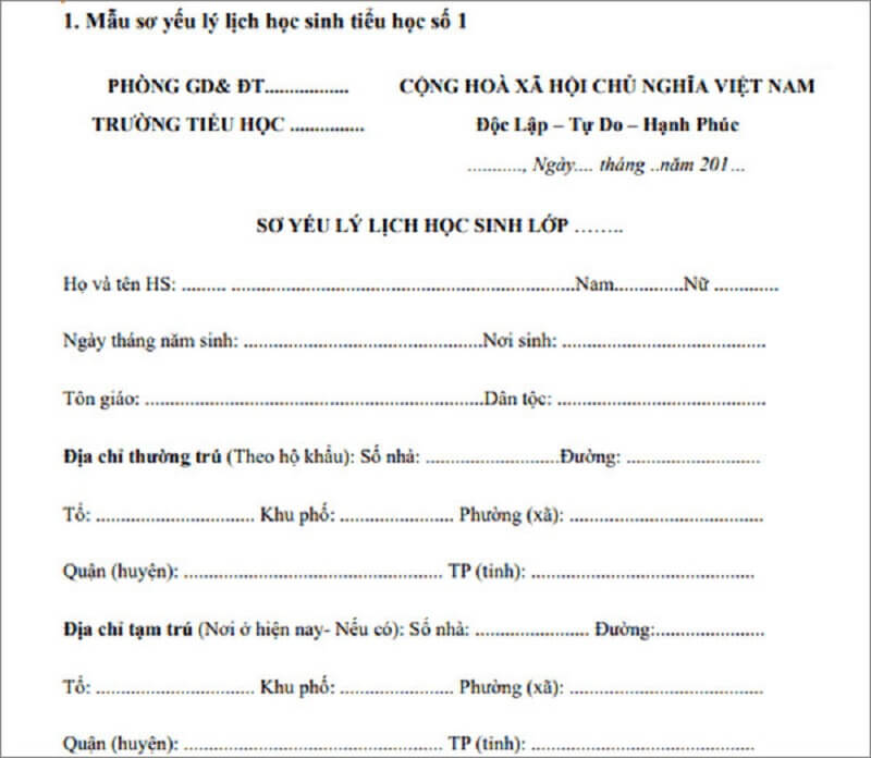 Mẫu sơ yếu lý lịch học sinh tiểu học ít thông tin