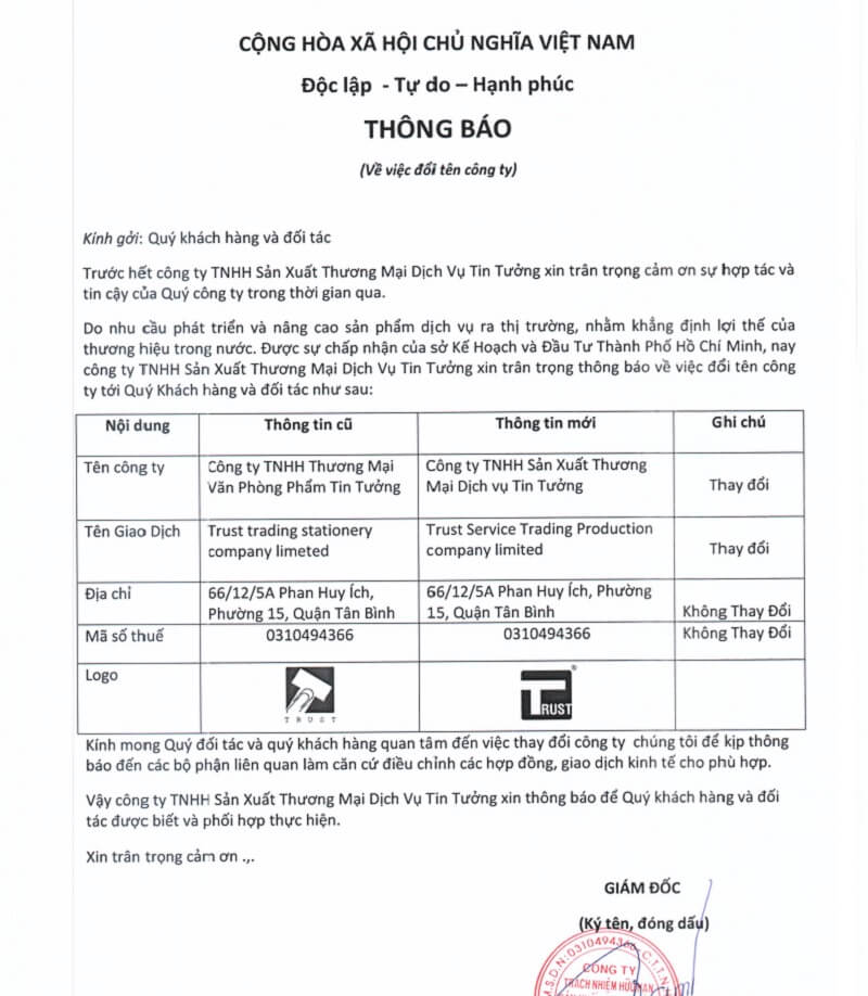 Doanh nghiệp cần cung cấp chính xác tên mới