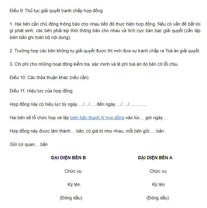 Các thông tin trong phần kết của hợp đồng