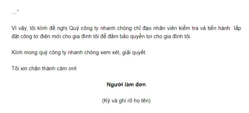 Thông tin có trong phần kết của đơn