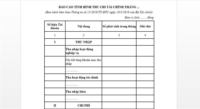 Mẫu báo cáo thu chi nội bộ